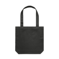A black tote bag with long handles and a simple design. The bag features a branding label.