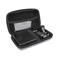 A black power bank and charger in a grey zippered case, featuring a mesh pocket for additional accessories.