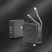 A black magnetic travel charger with multiple cables and a digital display, featuring a logo on the side.