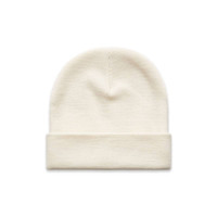 A cream-coloured cuff beanie featuring a folded brim and a simple design. It has a logo.