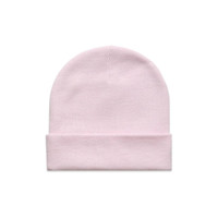 A light pink cuff beanie with a folded brim and a subtle logo.