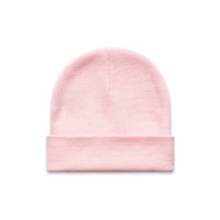 A pink Cuff Beanie with a folded cuff and a smooth texture. Features a subtle logo.