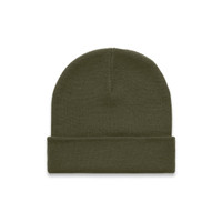 An olive green cuff beanie with a ribbed texture, featuring a folded brim. It includes a logo on the side.