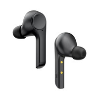 Black active noise cancelling TWS earbuds displayed from multiple angles, featuring a sleek design with a logo.