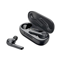 Black active noise cancelling TWS earbuds displayed with their charging case, featuring a sleek design and simple branding.