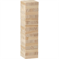 A wooden block stacking game featuring natural timber blocks arranged in a tall tower shape.