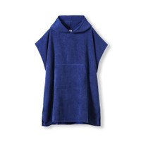 Blue terry cloth hooded poncho towel with front pocket.