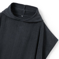 Black waffle-knit robe with a hood close-up.