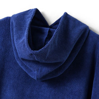 Blue terry cloth hoodie close-up, soft texture and cozy design.