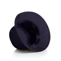 A navy bucket hat with a wide brim and an inner lining, featuring a logo inside.