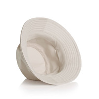 A cream bucket hat with a wide brim, featuring an inner lining and a subtle logo.