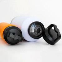 Two Fridgy 1.9L All-Dayer bottles lying on the side. Both have the Fridgy guzzler lid attached to them. One is shut and one is open where the removable part of the lid is leaning against the bottle.