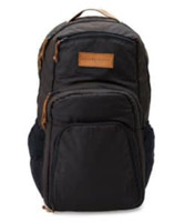 A black backpack with a brown leather accent and multiple compartments, featuring a logo on the front.