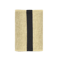 A jute stubby holder in natural beige with a black band, featuring a logo. Ideal for keeping drinks cold.