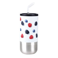 A drink bottle featuring a white body with berries and a stainless steel base, complete with a black lid and straw.