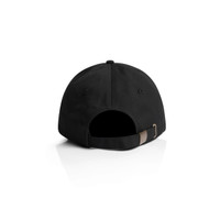 A black cap with a curved brim and an adjustable strap at the back. It features a logo on the front.