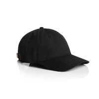 A black cap with a curved brim and a rear strap, featuring a logo on the side.