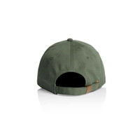 A green cap with a closed back and an adjustable strap, featuring a logo on the side.