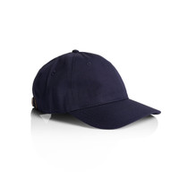 A navy cap with a curved brim and an adjustable strap, featuring a logo on the side.