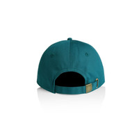 A teal cap featuring a strap and buckle at the back, with a logo present.