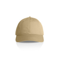 A beige cap with a curved brim and an adjustable strap at the back. It features a logo on the front.