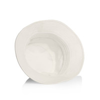 A white bucket hat with a wide brim and a logo inside. The interior appears smooth and unadorned.