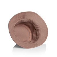 A tan bucket hat with a wide brim and inner lining, featuring a logo on the inner band.