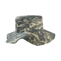 A structured boonie hat in a grey and cream camouflage pattern with a wide brim and a logo.