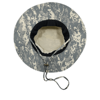 A structured grey camouflage hat with a wide brim and internal lining, featuring an adjustable chin strap.