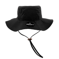 A black bucket hat with a chin strap and a logo on the front.
