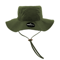 A green bucket hat with a logo, featuring a wide brim and adjustable chin strap.