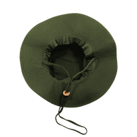 A structured green hat with a drawstring, featuring an inner lining. It also has a logo.