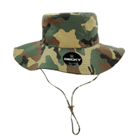 A bush hat in a camo pattern with a chin strap and a logo.