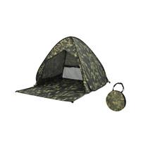 A pop-up beach tent in camouflage pattern, featuring an open entrance and a compact carrying bag.
