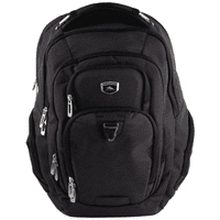 A black, multi-pocket laptop backpack with zippers and a branding logo. Designed for carrying computer accessories.