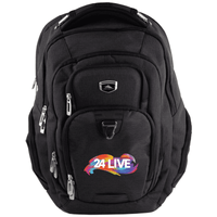 A black High Sierra Elite Eco RPET 17" computer backpack with multiple zipped pockets and a logo.