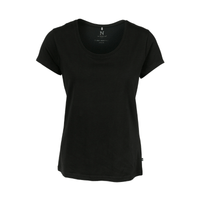 A black women's T-shirt with a round neckline and short sleeves, made from organic cotton. The shirt has a logo.