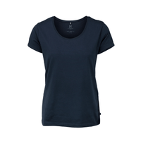 A navy blue women's t-shirt with a rounded neckline and short sleeves, featuring a logo on the side.