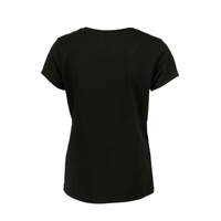 A black women's t-shirt with short sleeves and a rounded neckline, featuring a logo on the side.