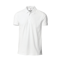 A white polo shirt made from organic cotton featuring a collar and a logo. Suitable for casual wear.
