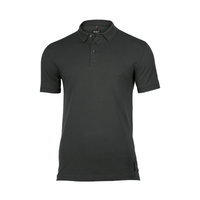 A dark green polo shirt with a collar, short sleeves, and a subtle logo featuring organic cotton fabric.