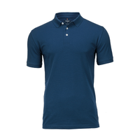 A dark teal polo shirt with a classic collar and short sleeves, featuring a logo on the chest.