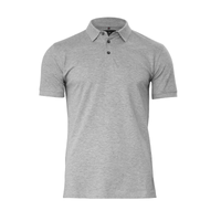 A grey polo shirt made from organic cotton with a collar and a logo. Short sleeves and a classic design.