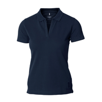 A navy blue women's polo shirt with a V-neck and a branded label on the side.