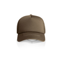 A brown trucker cap with a foam front and mesh back, featuring a logo on the front.