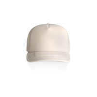 A cream-coloured trucker cap featuring a smooth front panel and a mesh back, including a logo.