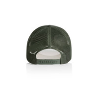 A green foam trucker cap featuring a mesh back and an adjustable strap.