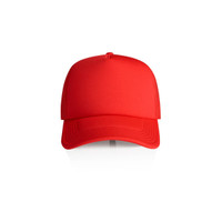 A red Frame Foam Trucker Cap with a structured front and mesh back, featuring a logo.