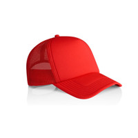 A red trucker cap featuring a solid front panel and mesh back, with a curved visor and a logo on the front.