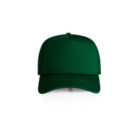 A green foam trucker cap with a structured front and mesh sides, featuring a logo on the front.
